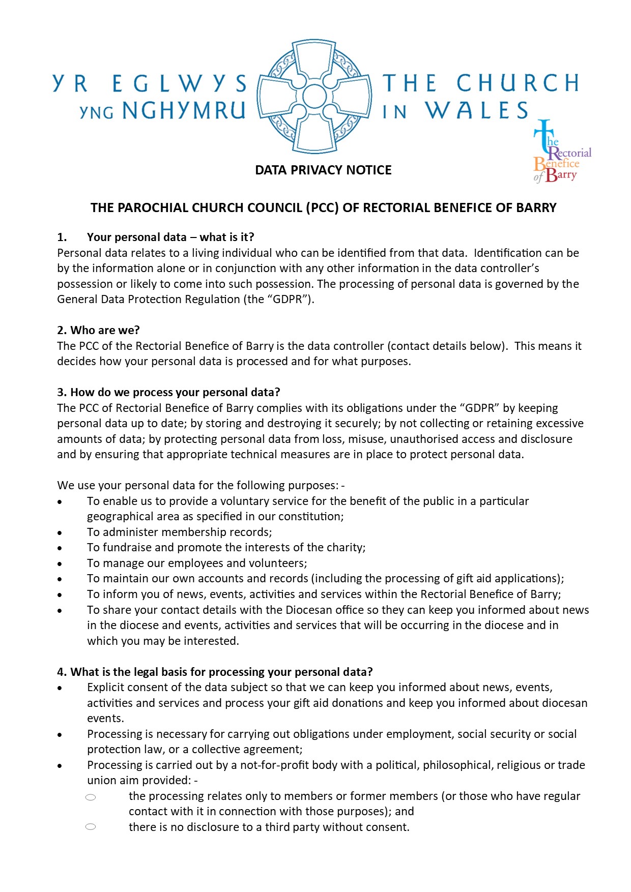 Data Privacy Notice - Benefice of Barry